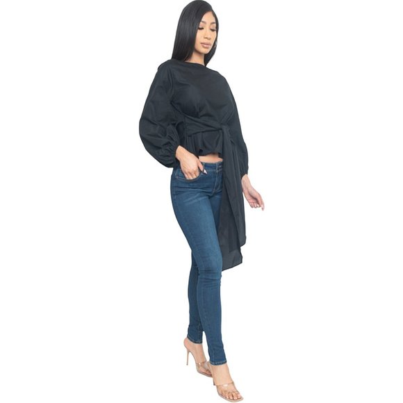 French Balloon Sleeve Cotton Blend Tie Front Paris Cocktail Tea Party Top T54601 - Picture 3 of 8